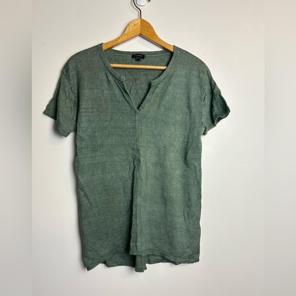 Talbots Green Knit Top 100% Linen‎ size S Minimalist Natural old Money summer